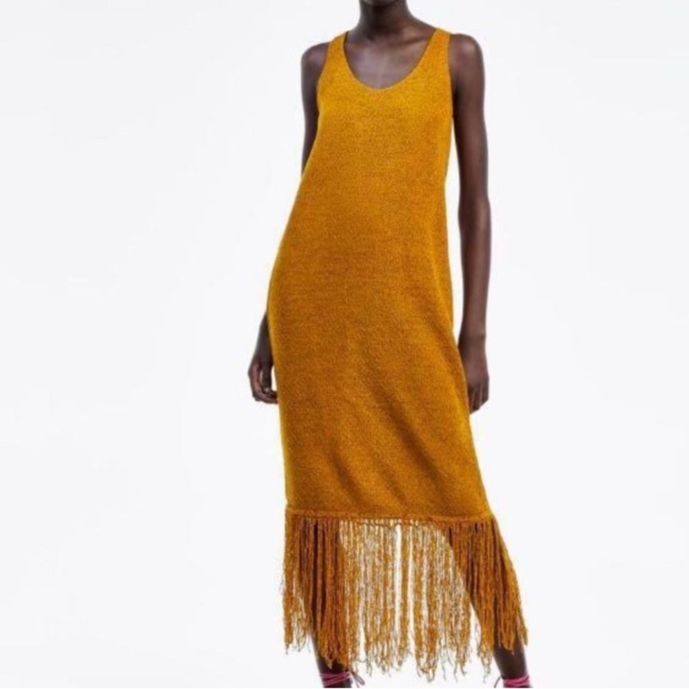 Zara Mustard Fringe Knit Midi Dress